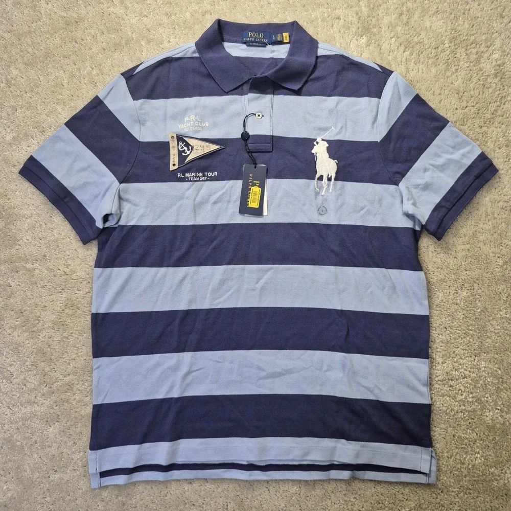 Polo Ralph Lauren Polo Shirt Mens Large Big Pony Yacht Club Blue Striped Marine